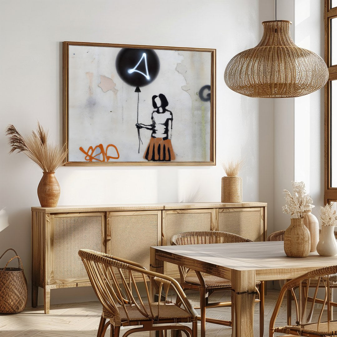 Discover a thought-provoking piece with the 'Silhouette Balloon Graffiti,' capturing the essence of for Dining