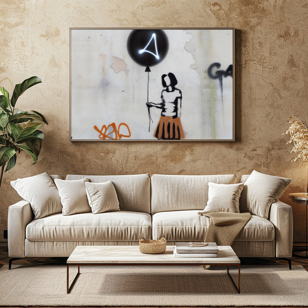 Discover a thought-provoking piece with the 'Silhouette Balloon Graffiti,' capturing the essence of for Family Room
