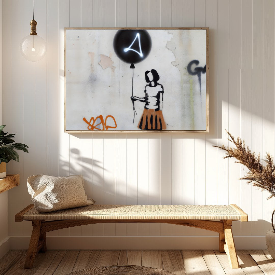Discover a thought-provoking piece with the 'Silhouette Balloon Graffiti,' capturing the essence of for Hallway