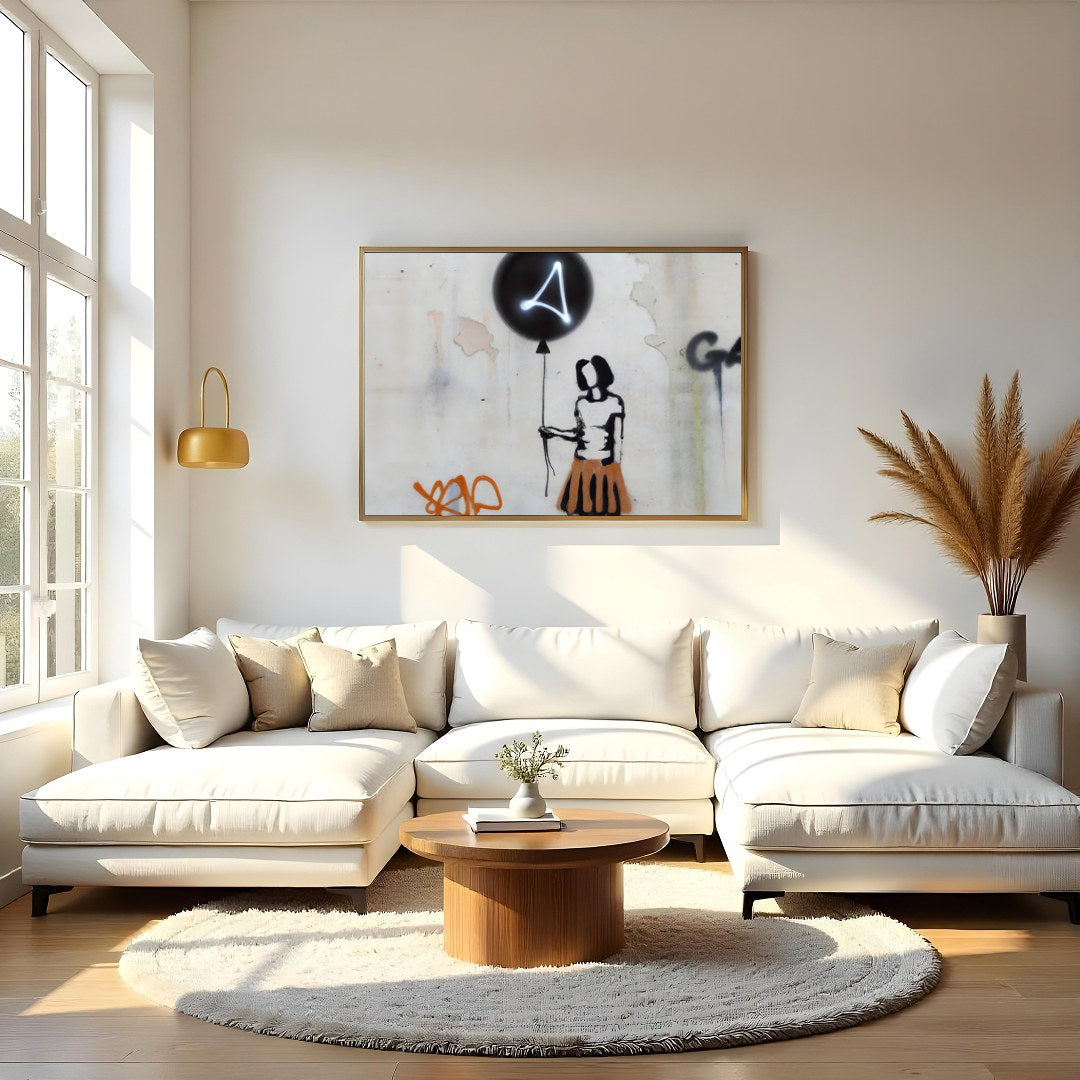 Discover a thought-provoking piece with the 'Silhouette Balloon Graffiti,' capturing the essence of for Living Room