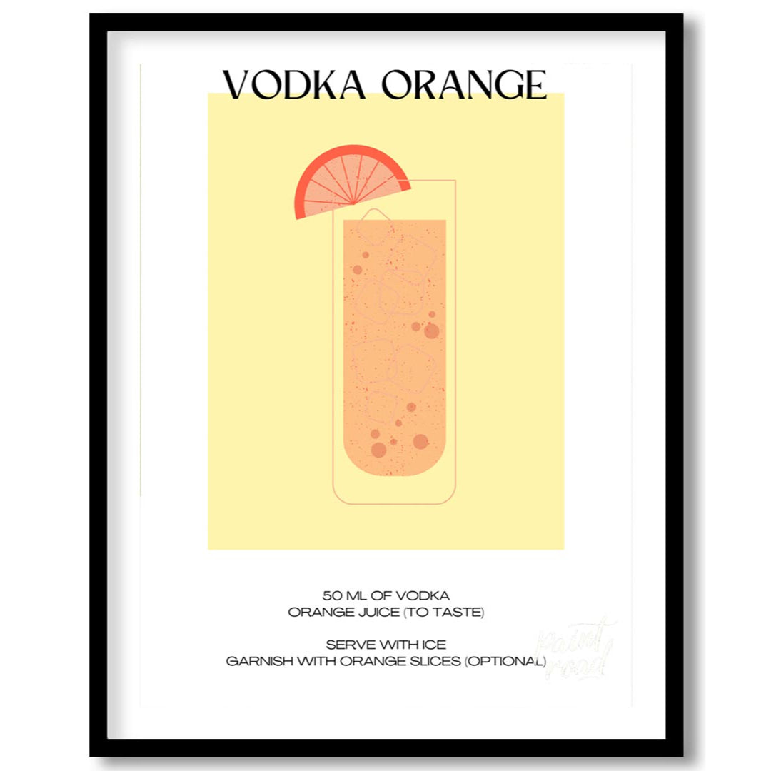 This minimalist and vibrant poster features a clean illustration of a classic Vodka Orange cocktail… for abode
