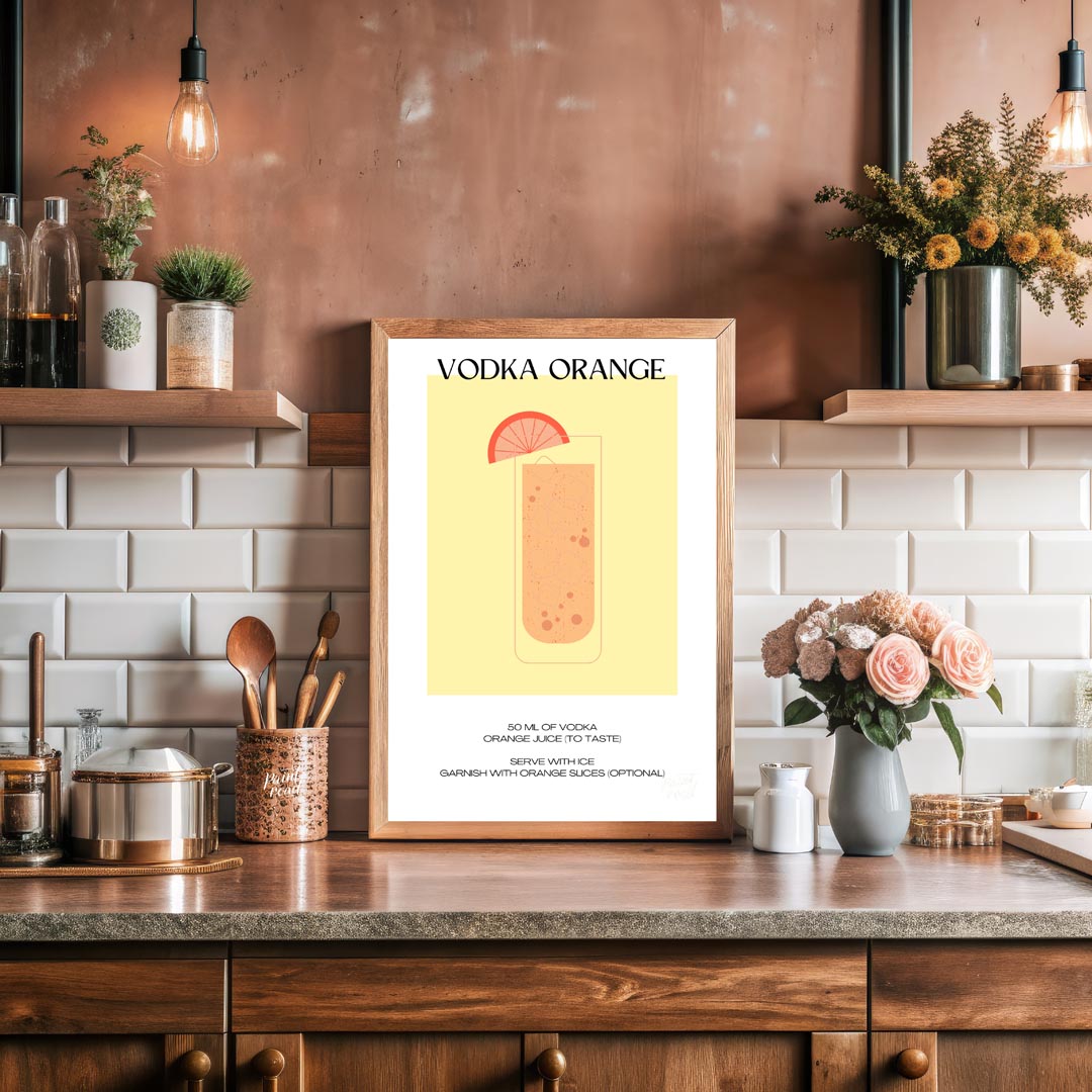 This minimalist and vibrant poster features a clean illustration of a classic Vodka Orange cocktail… for kitchen