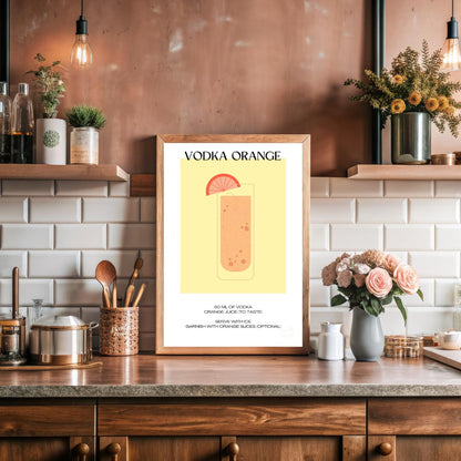 This minimalist and vibrant poster features a clean illustration of a classic Vodka Orange cocktail… for kitchen