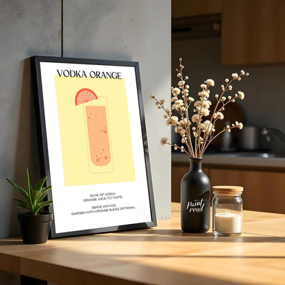 This minimalist and vibrant poster features a clean illustration of a classic Vodka Orange cocktail… for kitchen