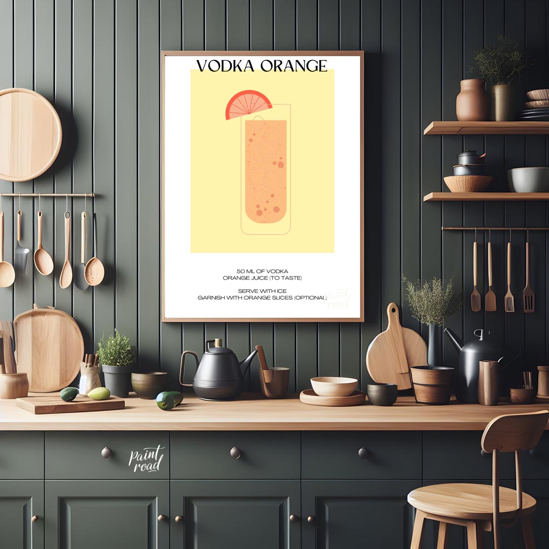 This minimalist and vibrant poster features a clean illustration of a classic Vodka Orange cocktail… for kitchen