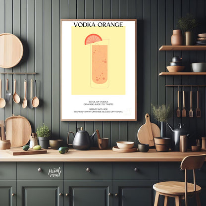 This minimalist and vibrant poster features a clean illustration of a classic Vodka Orange cocktail… for kitchen