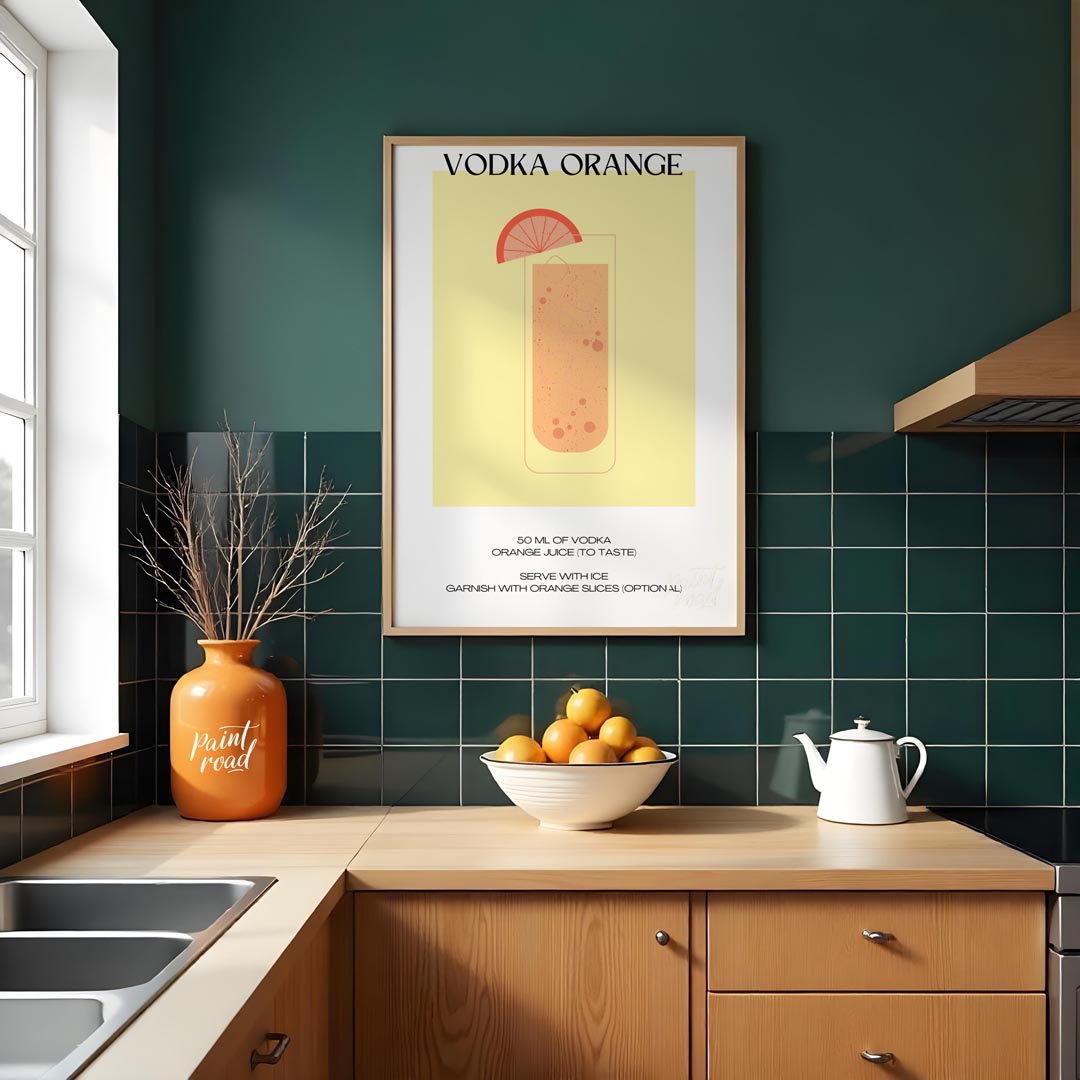 This minimalist and vibrant poster features a clean illustration of a classic Vodka Orange cocktail… for kitchen