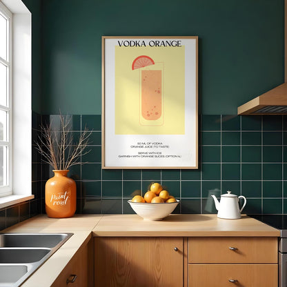 This minimalist and vibrant poster features a clean illustration of a classic Vodka Orange cocktail… for kitchen