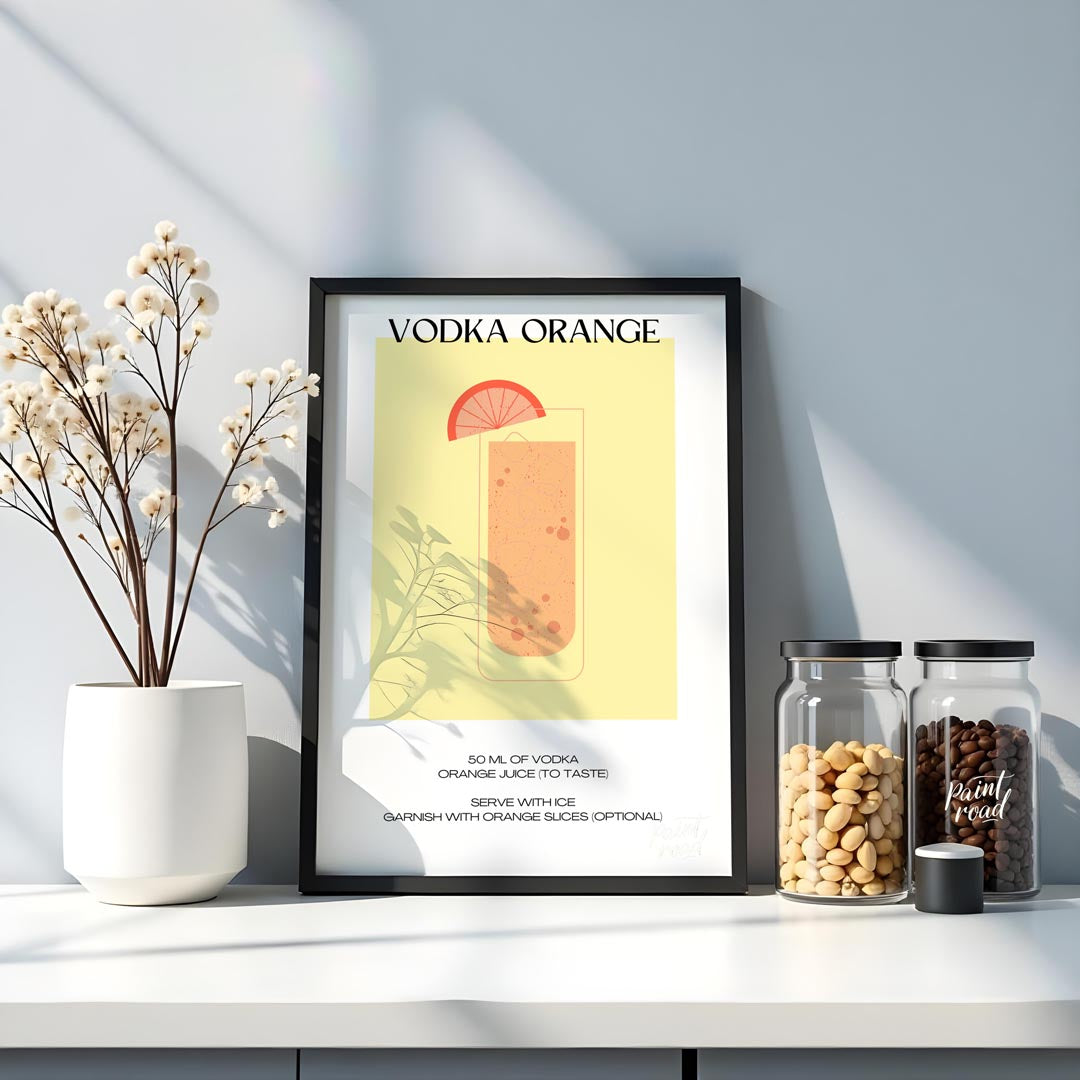 This minimalist and vibrant poster features a clean illustration of a classic Vodka Orange cocktail… for kitchen