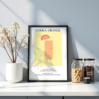 This minimalist and vibrant poster features a clean illustration of a classic Vodka Orange cocktail… for kitchen