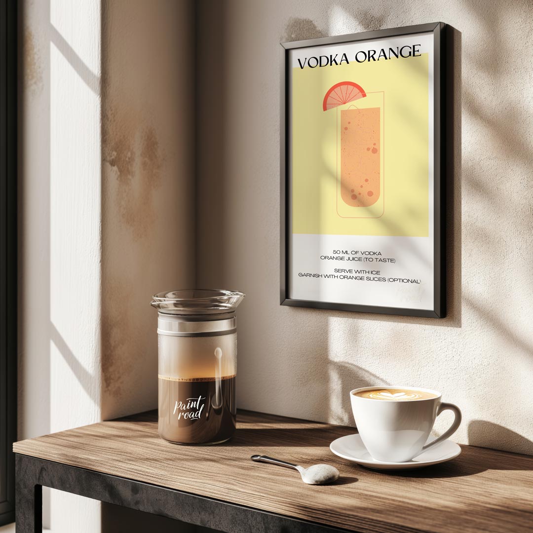 This minimalist and vibrant poster features a clean illustration of a classic Vodka Orange cocktail… for kitchen