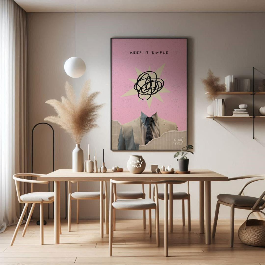 This abstract poster captures the essence of modern minimalism with an ironic twist. Featuring a he… for dining room
