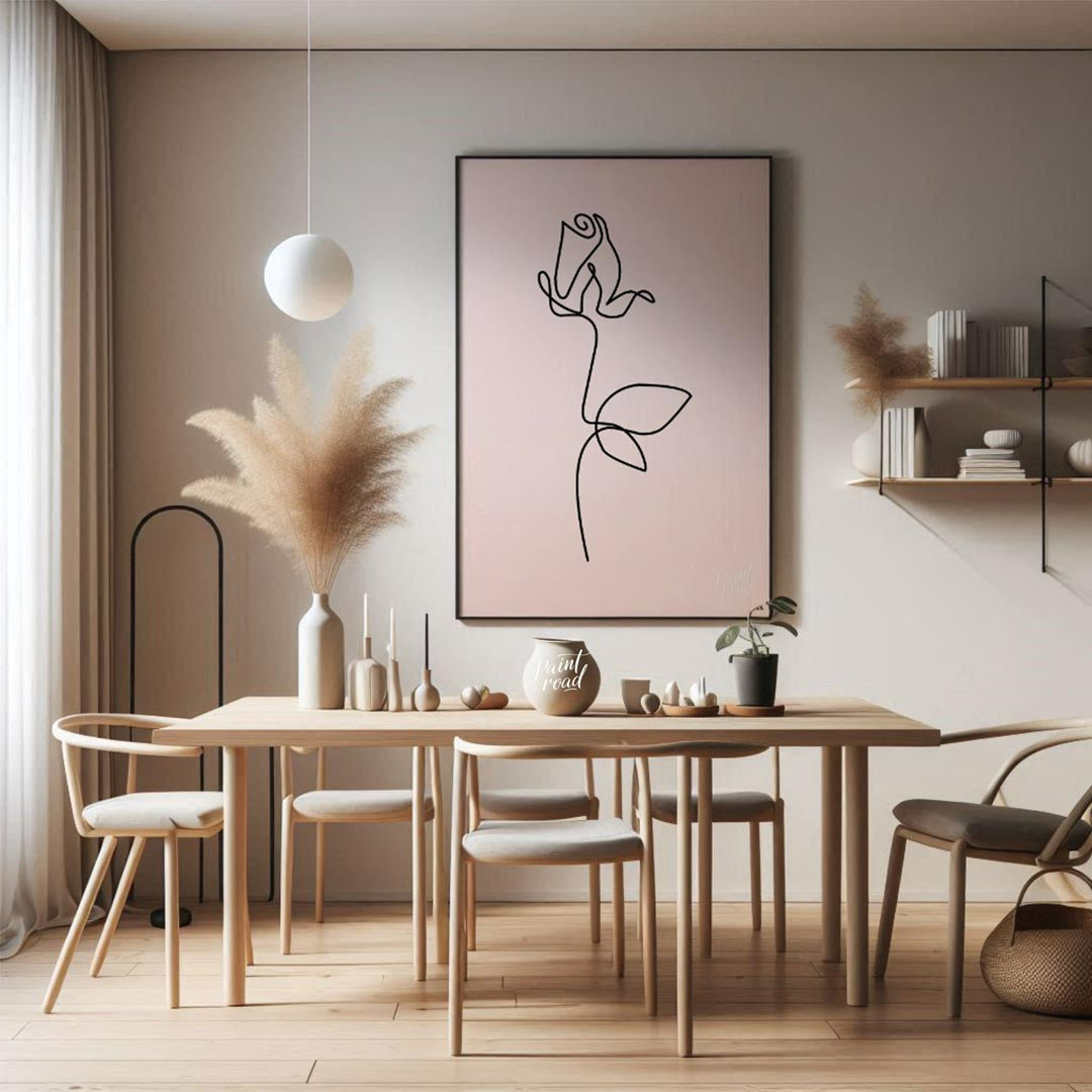 This elegant and incredibly minimalist artwork features a single rose rendered in a continuous, flo… for dining room