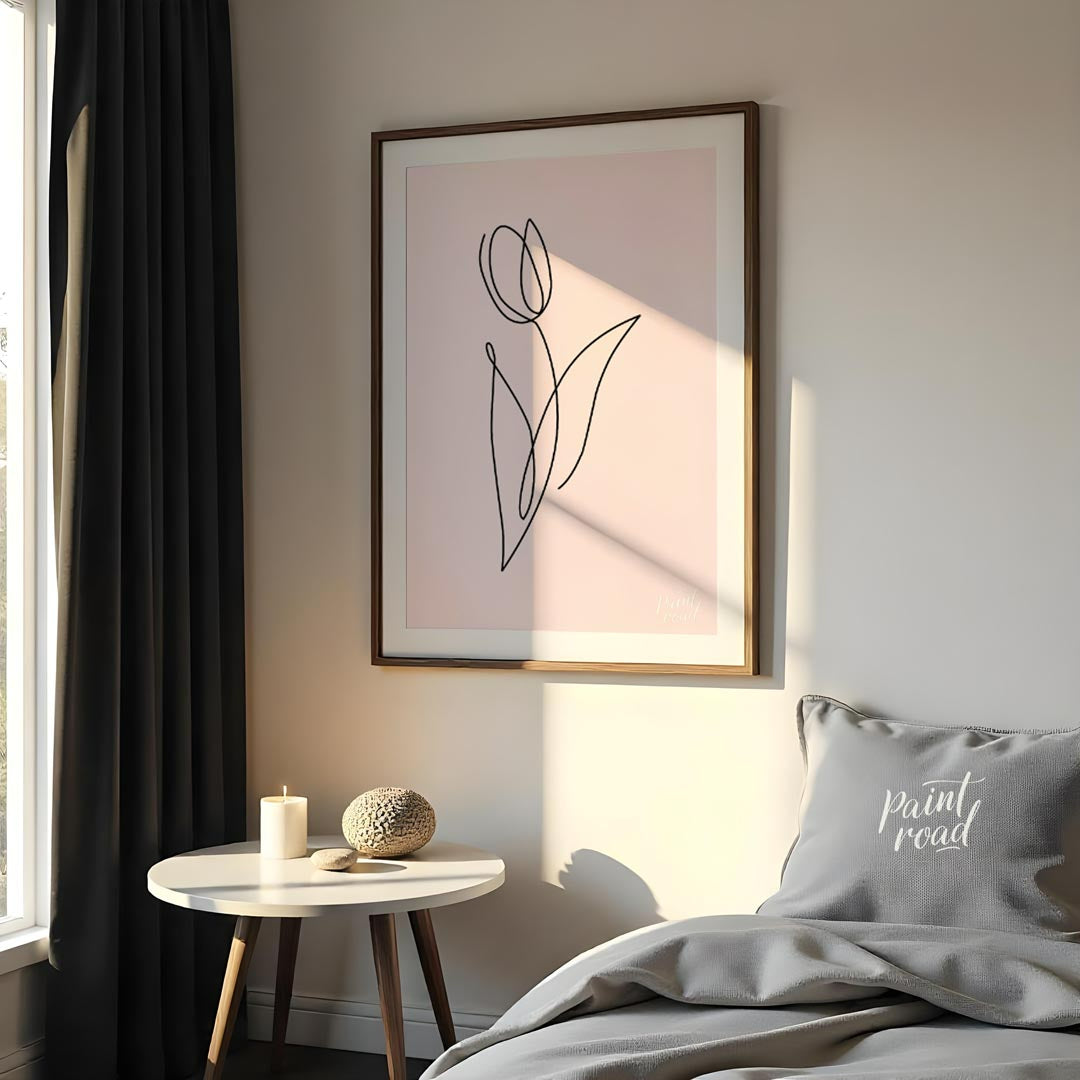 This elegant and minimalist artwork features a single tulip, rendered in a continuous, flowing blac… for bedroom
