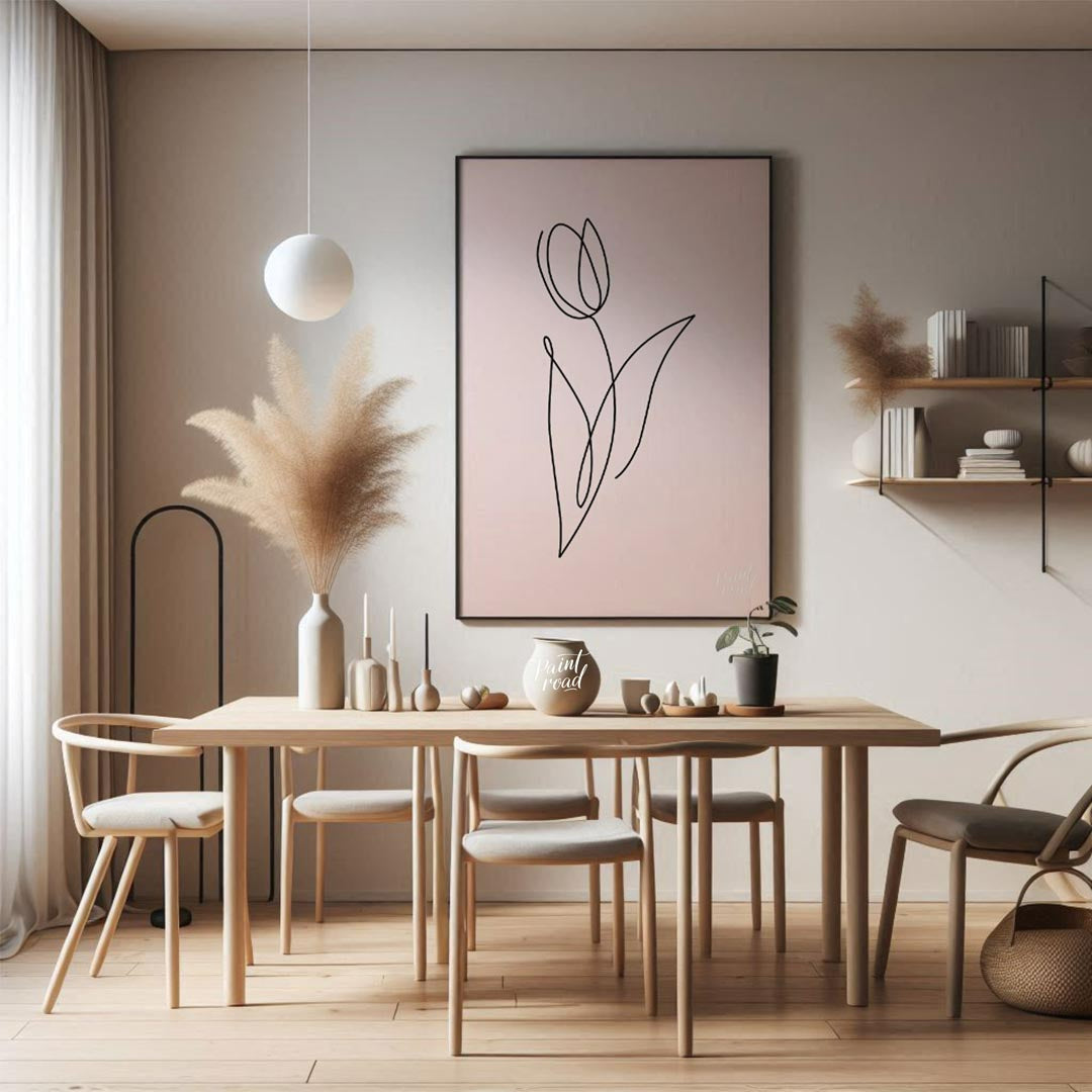 This elegant and minimalist artwork features a single tulip, rendered in a continuous, flowing blac… for dining room