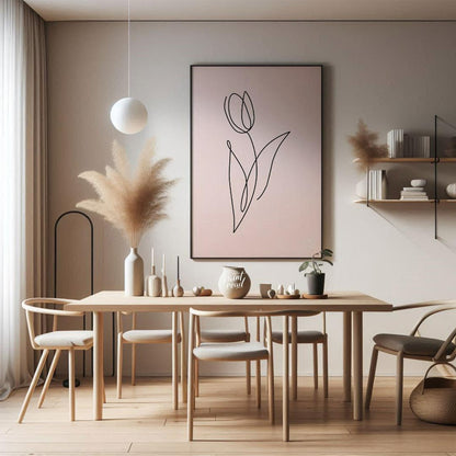 This elegant and minimalist artwork features a single tulip, rendered in a continuous, flowing blac… for dining room