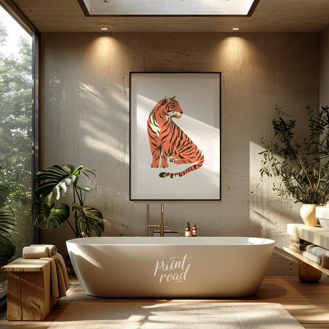 This charming illustration depicts a stylized tiger sitting gracefully, looking over its shoulder. … for bathroom