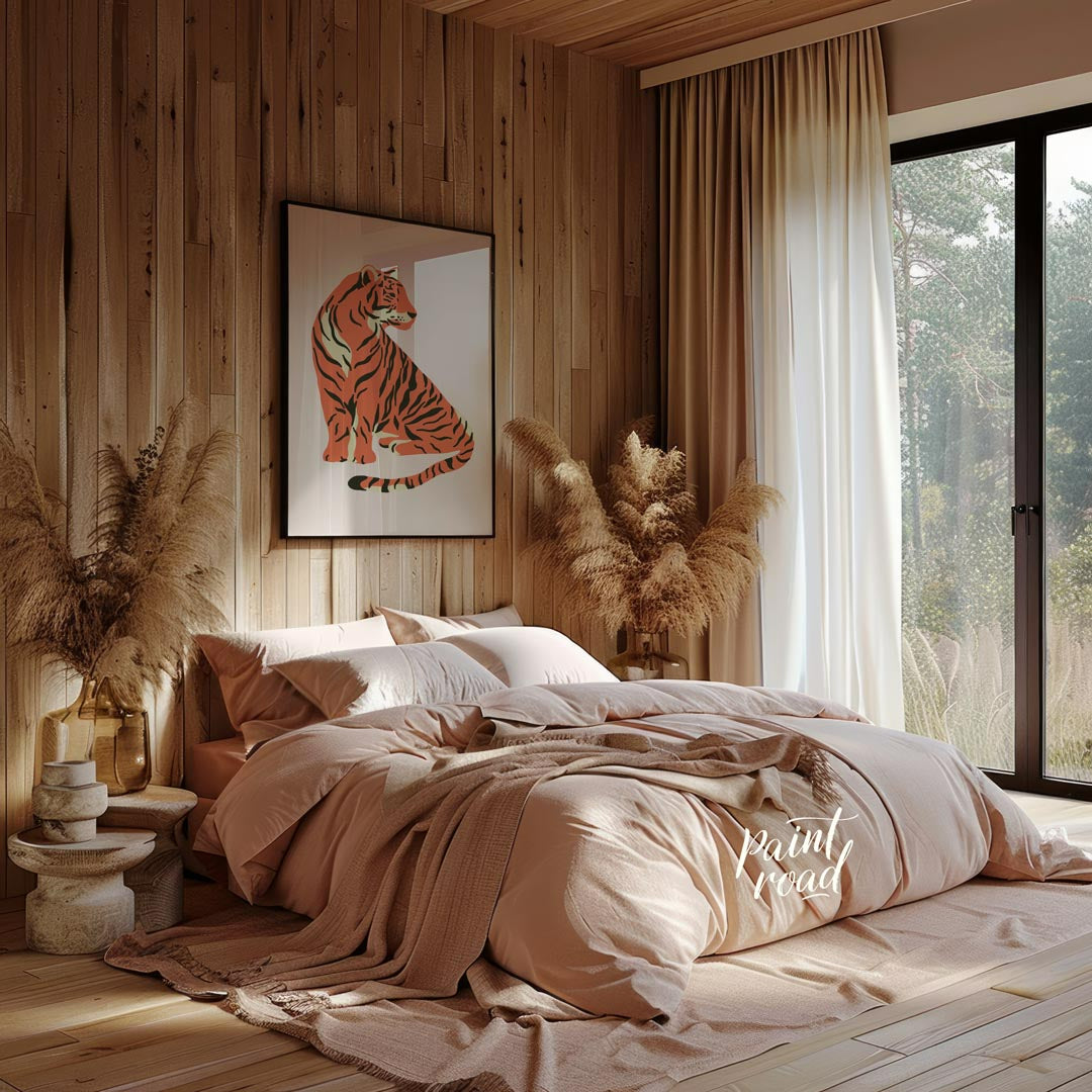 This charming illustration depicts a stylized tiger sitting gracefully, looking over its shoulder. … for bedroom