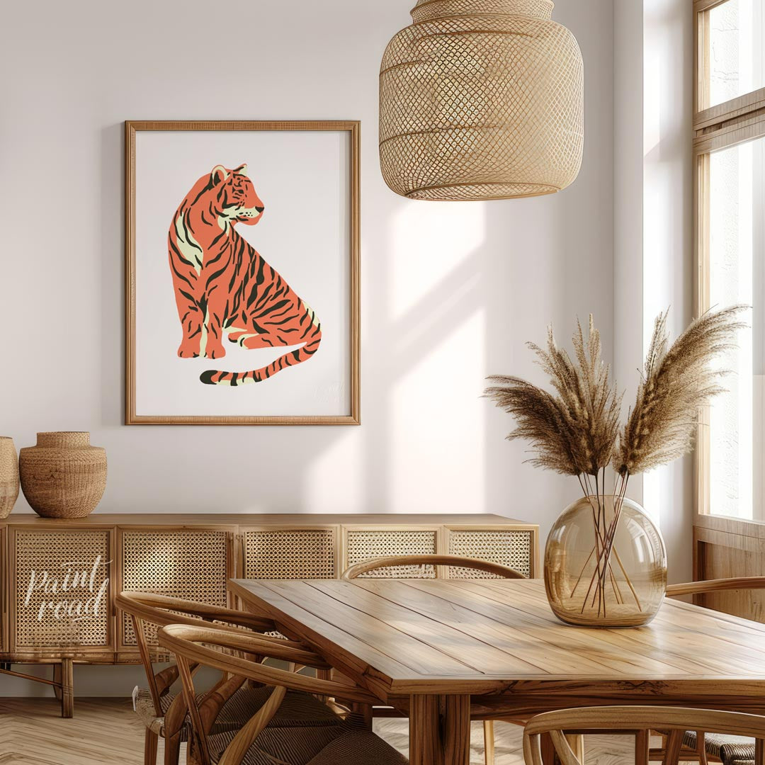 This charming illustration depicts a stylized tiger sitting gracefully, looking over its shoulder. … for dining room