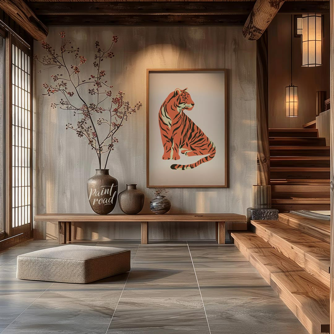 This charming illustration depicts a stylized tiger sitting gracefully, looking over its shoulder. … for entryway