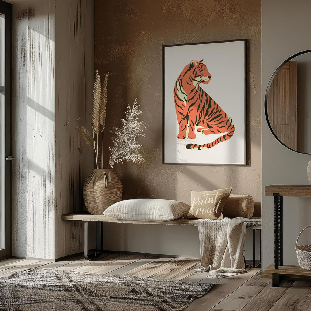 This charming illustration depicts a stylized tiger sitting gracefully, looking over its shoulder. … for entryway