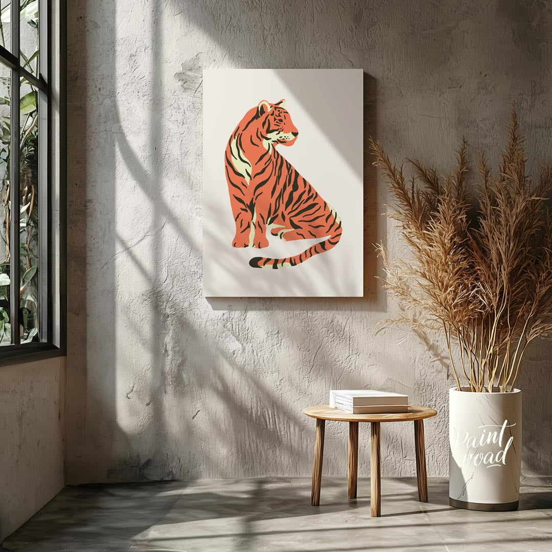 This charming illustration depicts a stylized tiger sitting gracefully, looking over its shoulder. … for living room