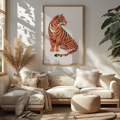 This charming illustration depicts a stylized tiger sitting gracefully, looking over its shoulder. … for living room