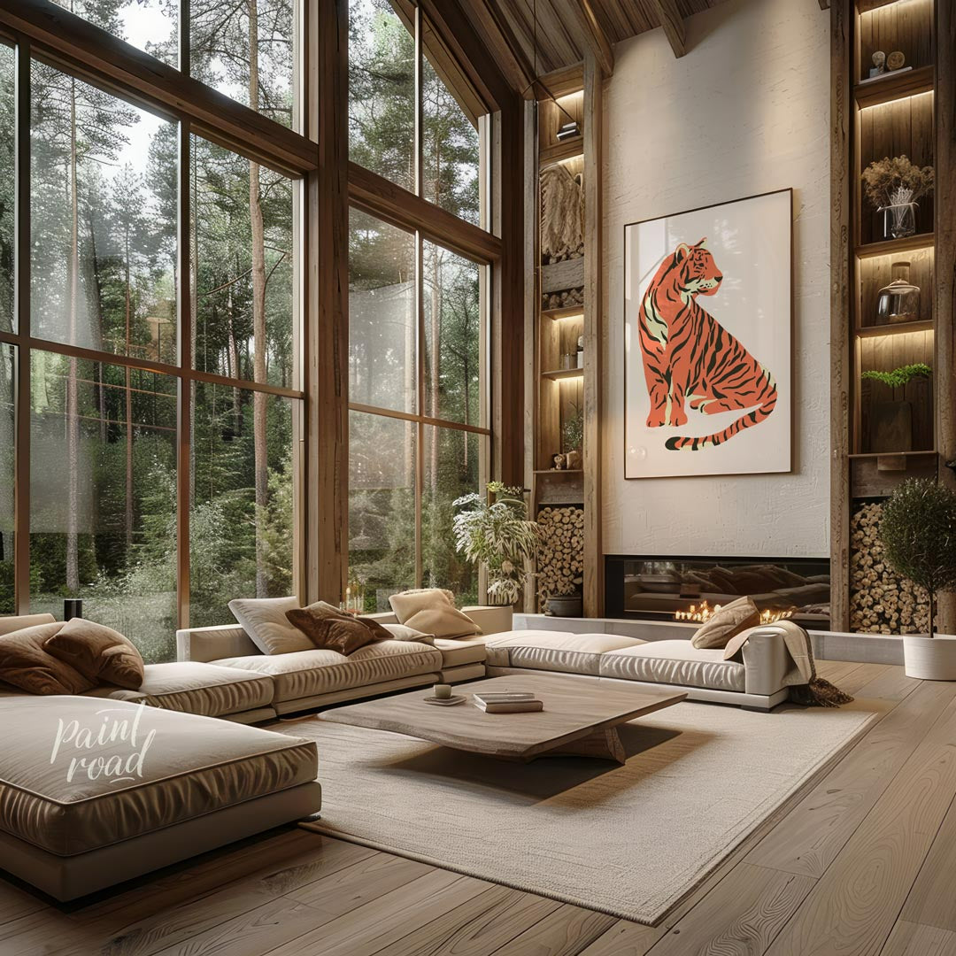 This charming illustration depicts a stylized tiger sitting gracefully, looking over its shoulder. … for living room