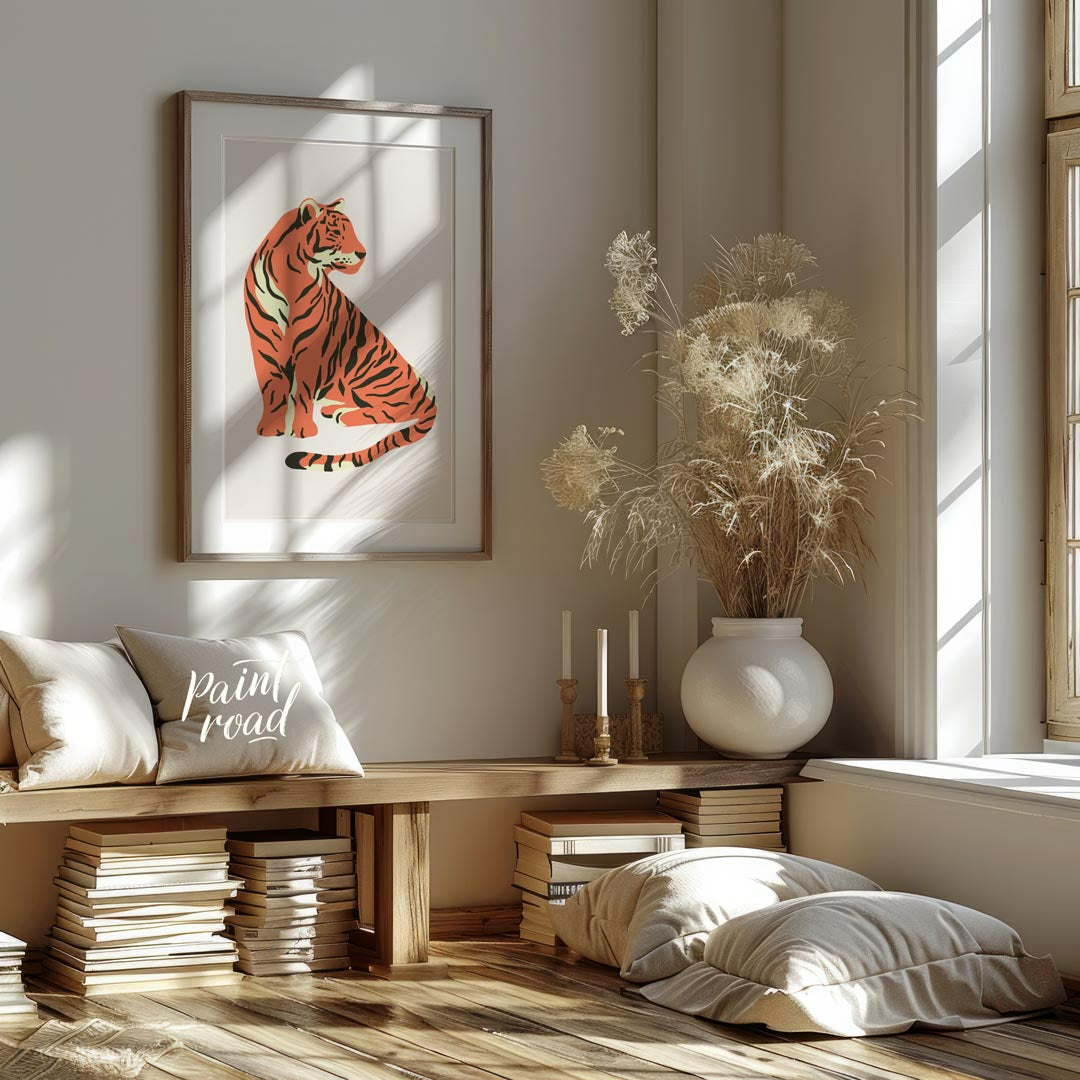 This charming illustration depicts a stylized tiger sitting gracefully, looking over its shoulder. … for living room