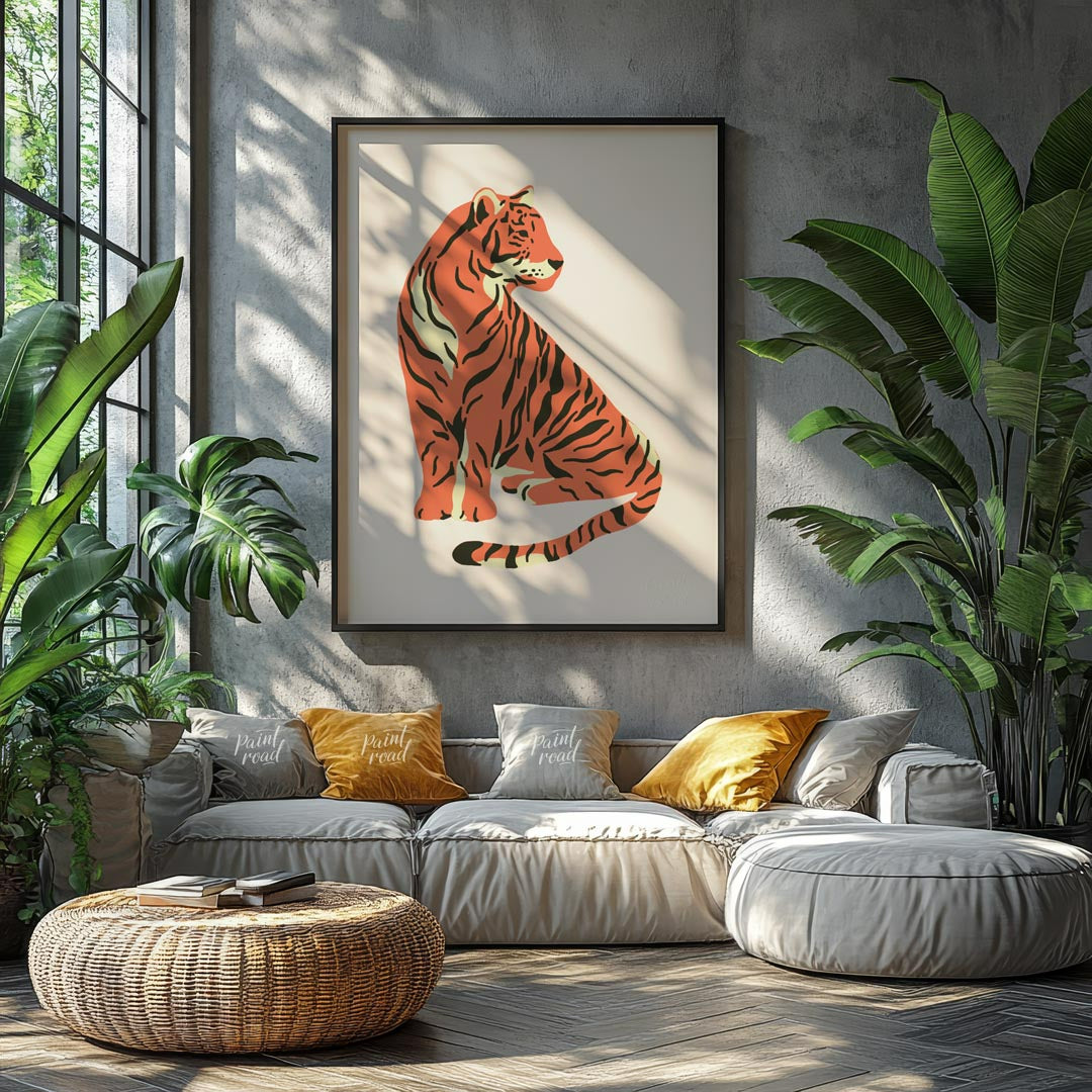 This charming illustration depicts a stylized tiger sitting gracefully, looking over its shoulder. … for living room