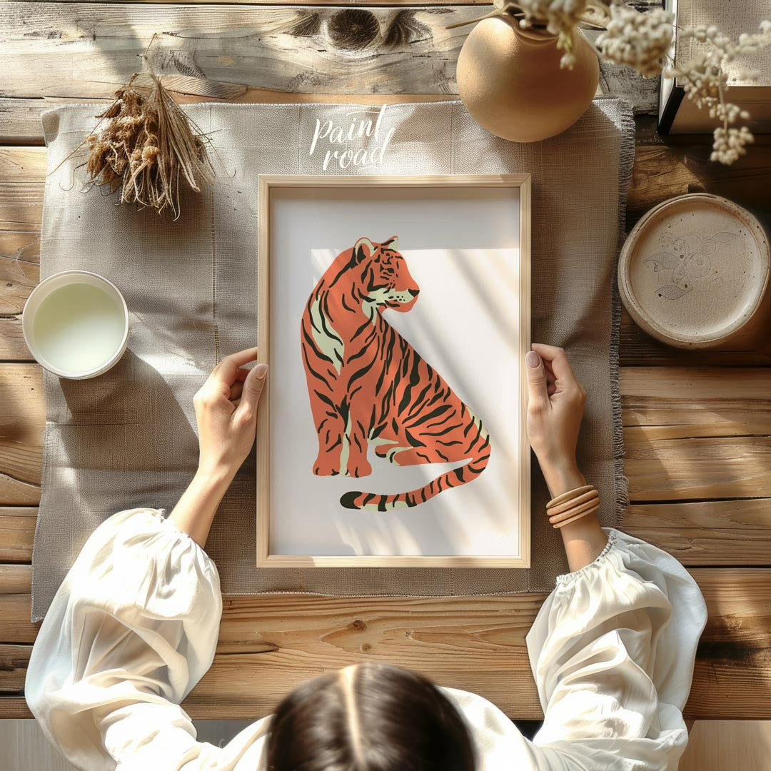 This charming illustration depicts a stylized tiger sitting gracefully, looking over its shoulder. … for other