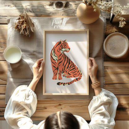 This charming illustration depicts a stylized tiger sitting gracefully, looking over its shoulder. … for other