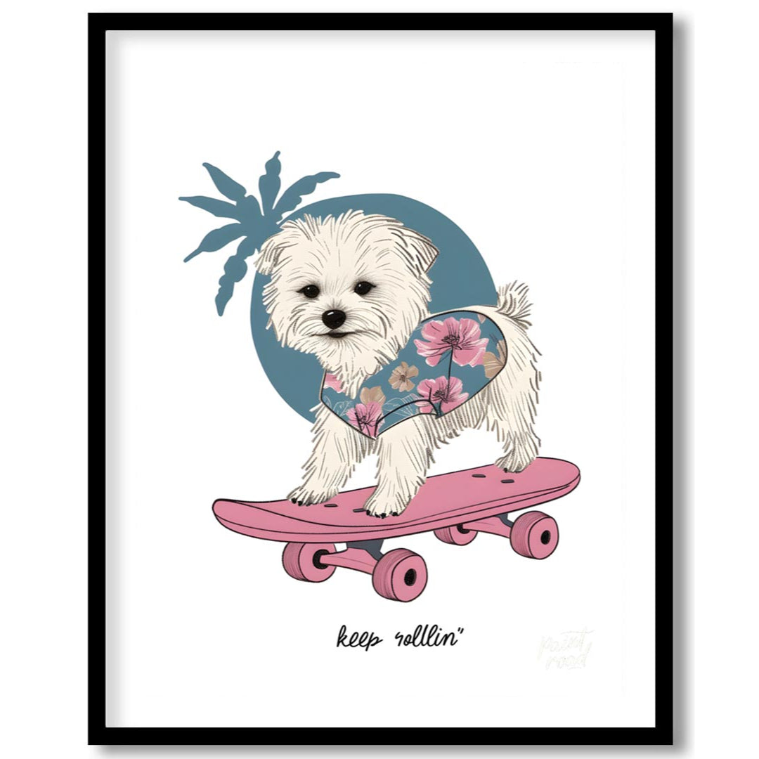 This vibrant and whimsical illustration depicts an adorable white Maltese dog confidently riding a … for area