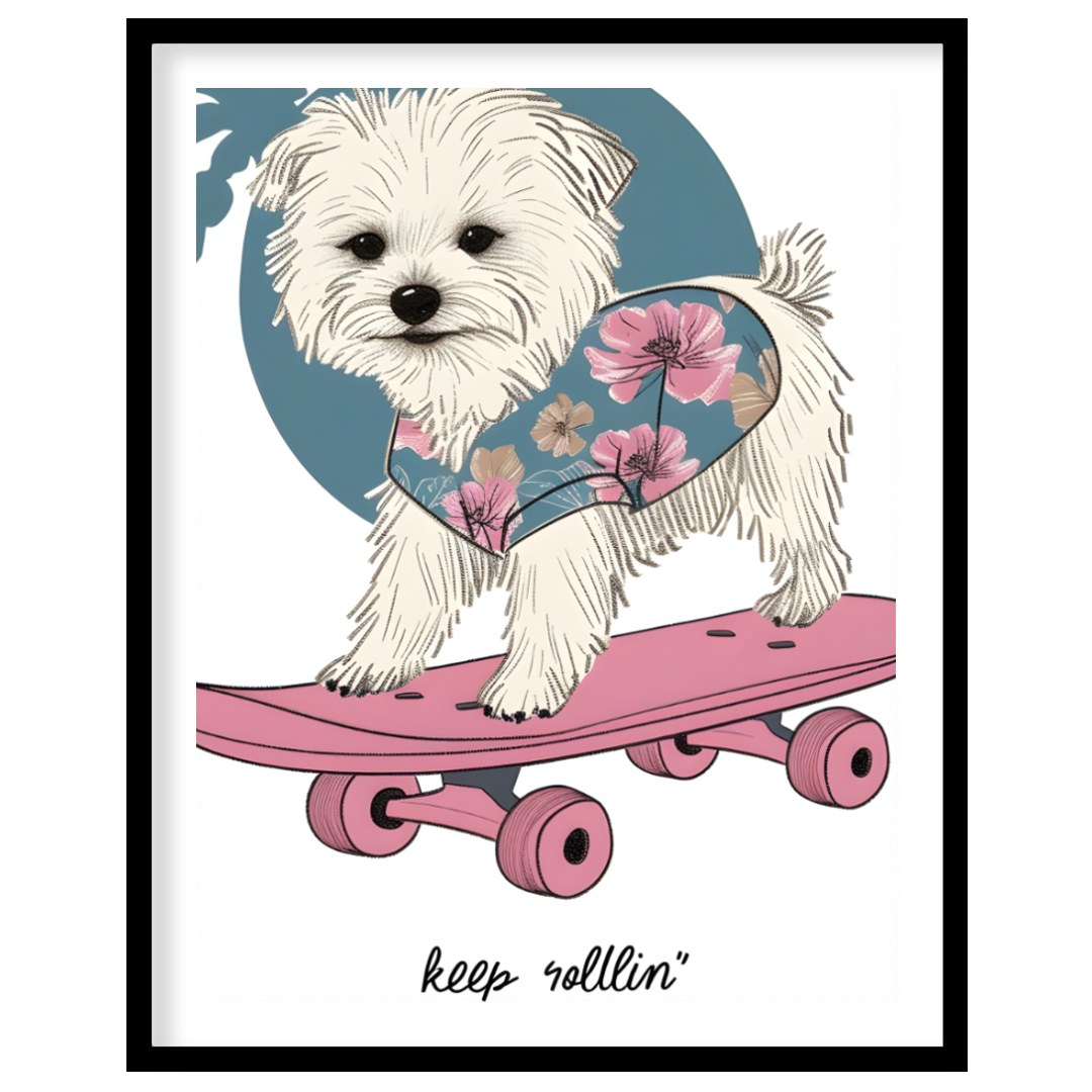 This vibrant and whimsical illustration depicts an adorable white Maltese dog confidently riding a … for area