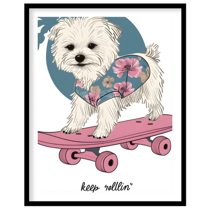 This vibrant and whimsical illustration depicts an adorable white Maltese dog confidently riding a … for area