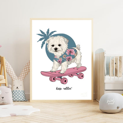 This vibrant and whimsical illustration depicts an adorable white Maltese dog confidently riding a … for nursery