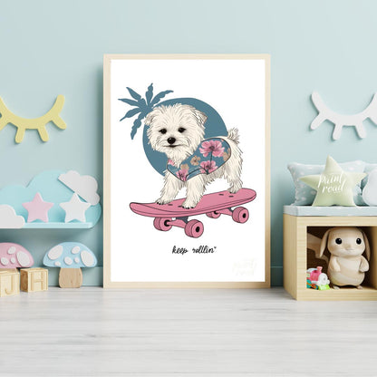 This vibrant and whimsical illustration depicts an adorable white Maltese dog confidently riding a … for nursery