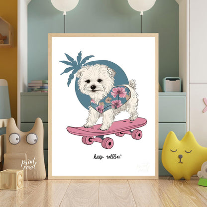 This vibrant and whimsical illustration depicts an adorable white Maltese dog confidently riding a … for nursery