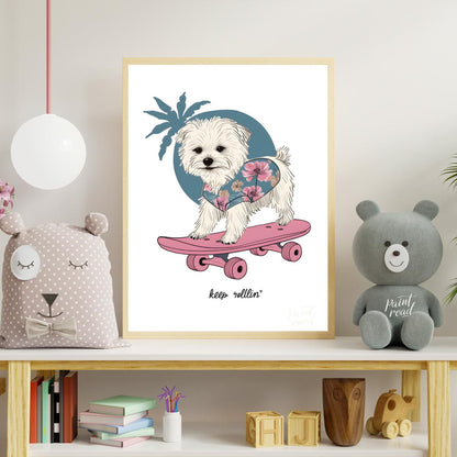 This vibrant and whimsical illustration depicts an adorable white Maltese dog confidently riding a … for nursery