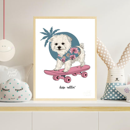 This vibrant and whimsical illustration depicts an adorable white Maltese dog confidently riding a … for nursery
