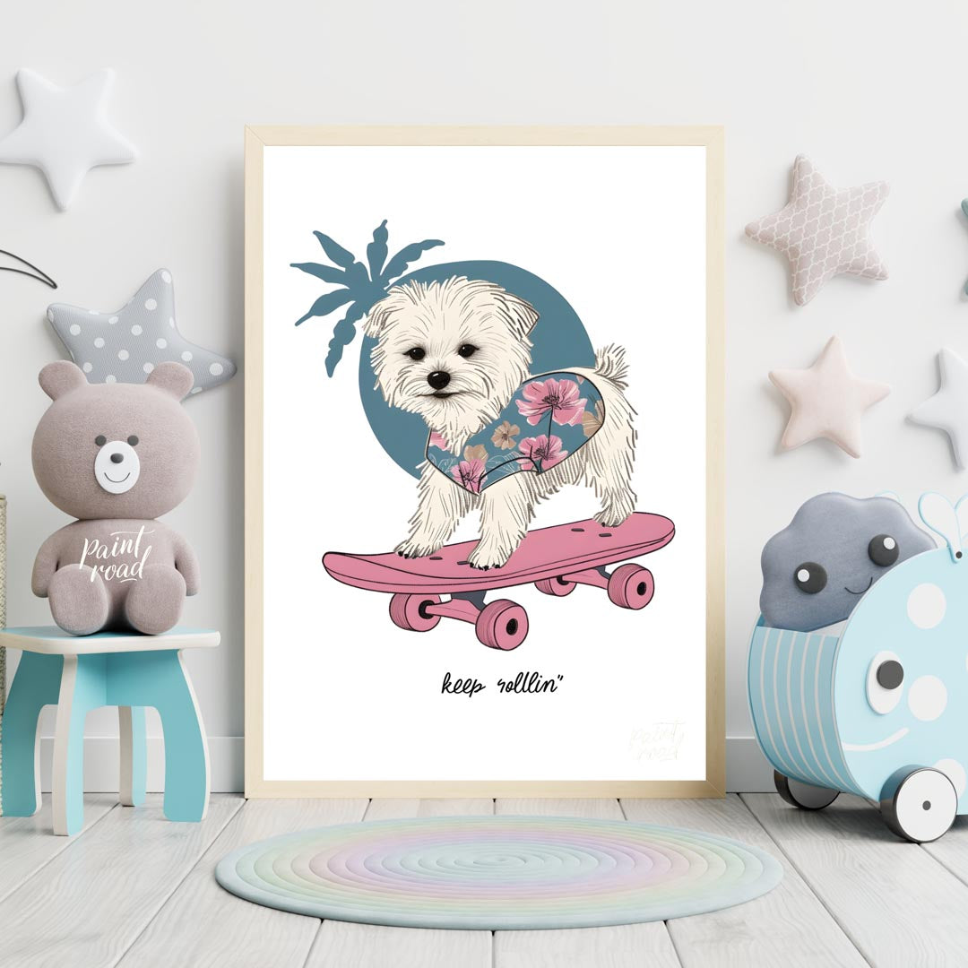 This vibrant and whimsical illustration depicts an adorable white Maltese dog confidently riding a … for nursery