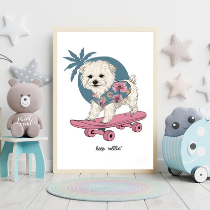 This vibrant and whimsical illustration depicts an adorable white Maltese dog confidently riding a … for nursery