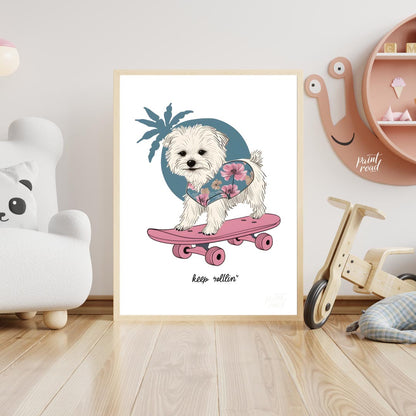 This vibrant and whimsical illustration depicts an adorable white Maltese dog confidently riding a … for nursery