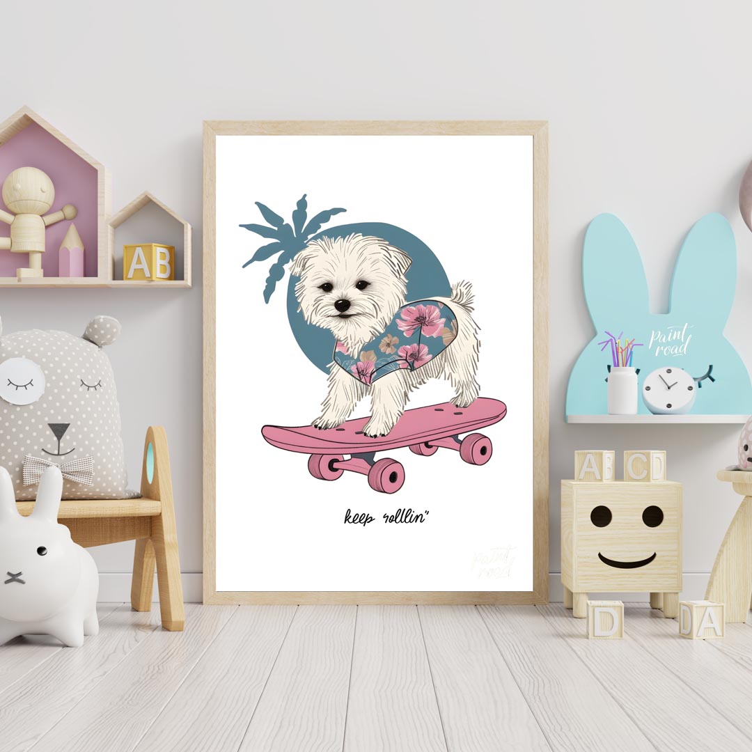 This vibrant and whimsical illustration depicts an adorable white Maltese dog confidently riding a … for nursery