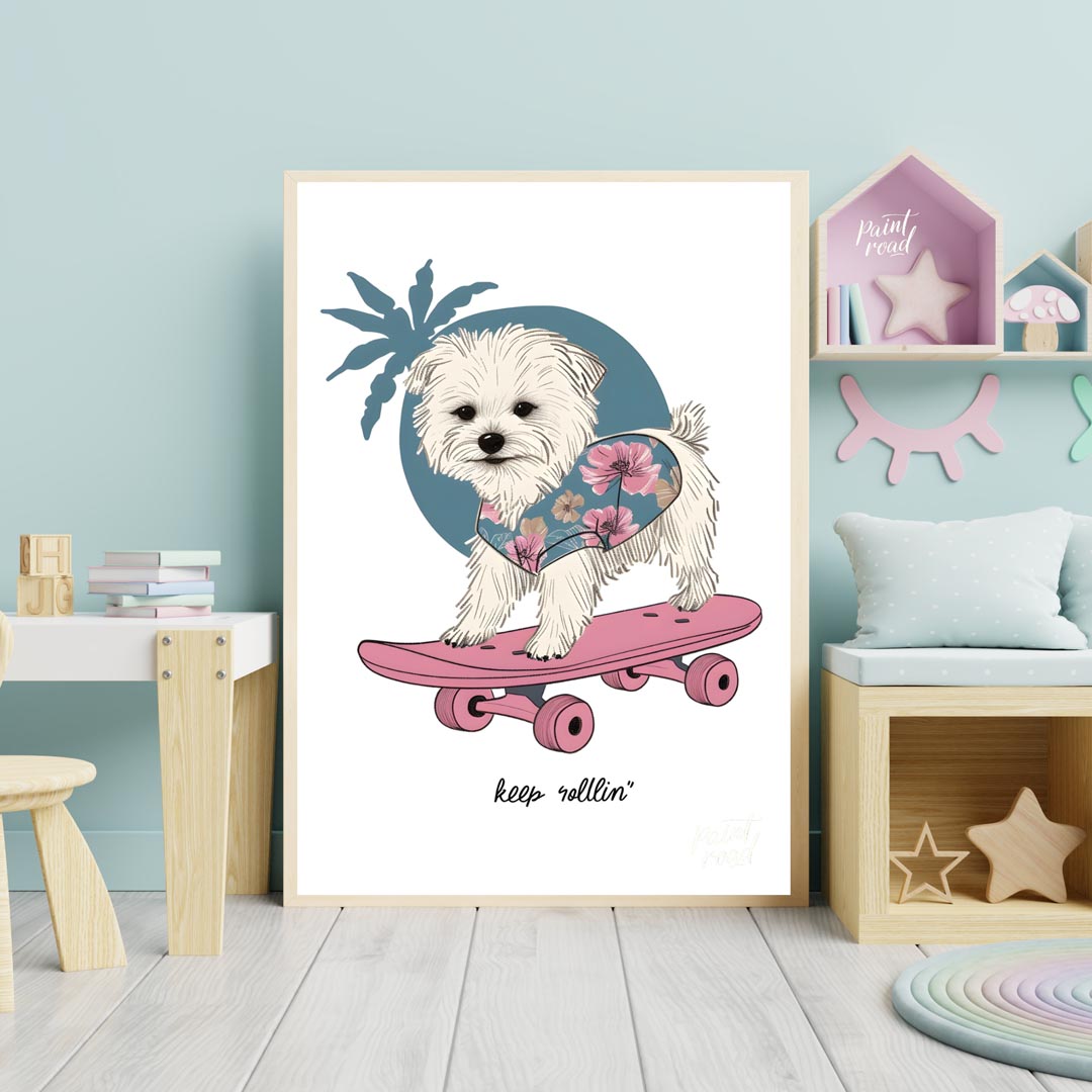 This vibrant and whimsical illustration depicts an adorable white Maltese dog confidently riding a … for nursery