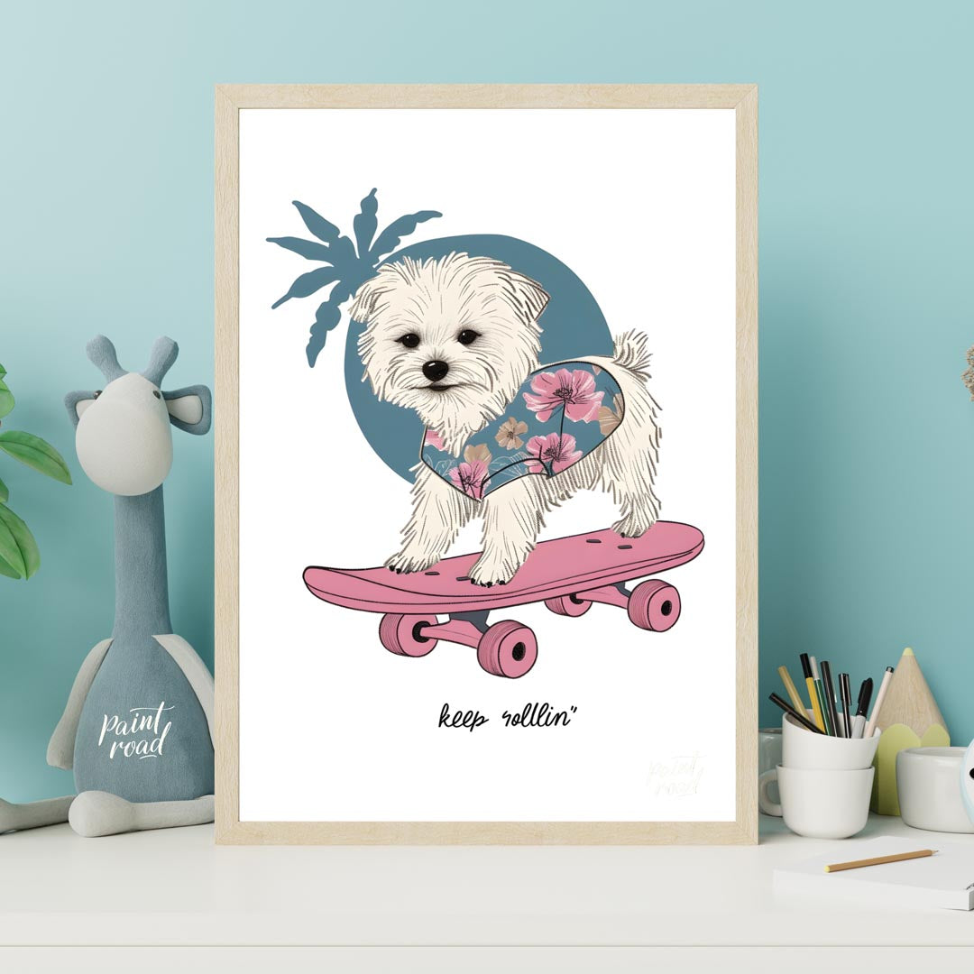 This vibrant and whimsical illustration depicts an adorable white Maltese dog confidently riding a … for office