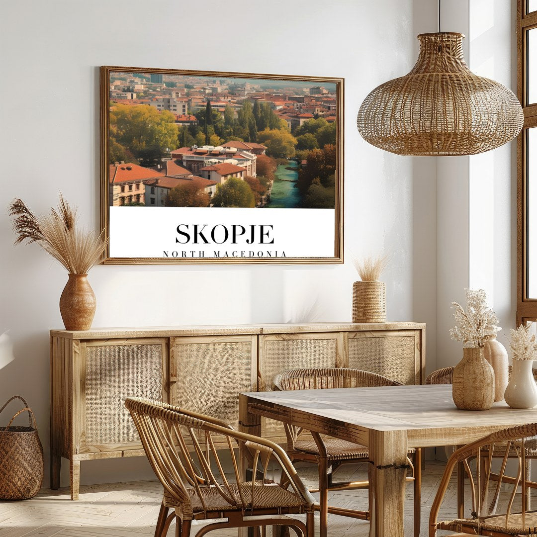 Capture the vibrant essence of Skopje with this stunning artwork depicting the city's architectural for Dining