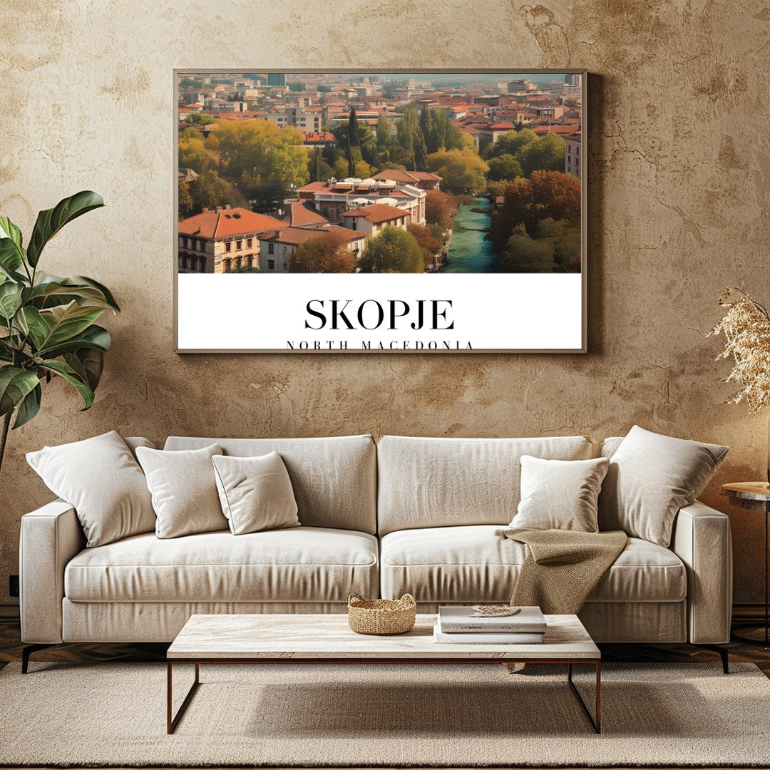 Capture the vibrant essence of Skopje with this stunning artwork depicting the city's architectural for Family Room