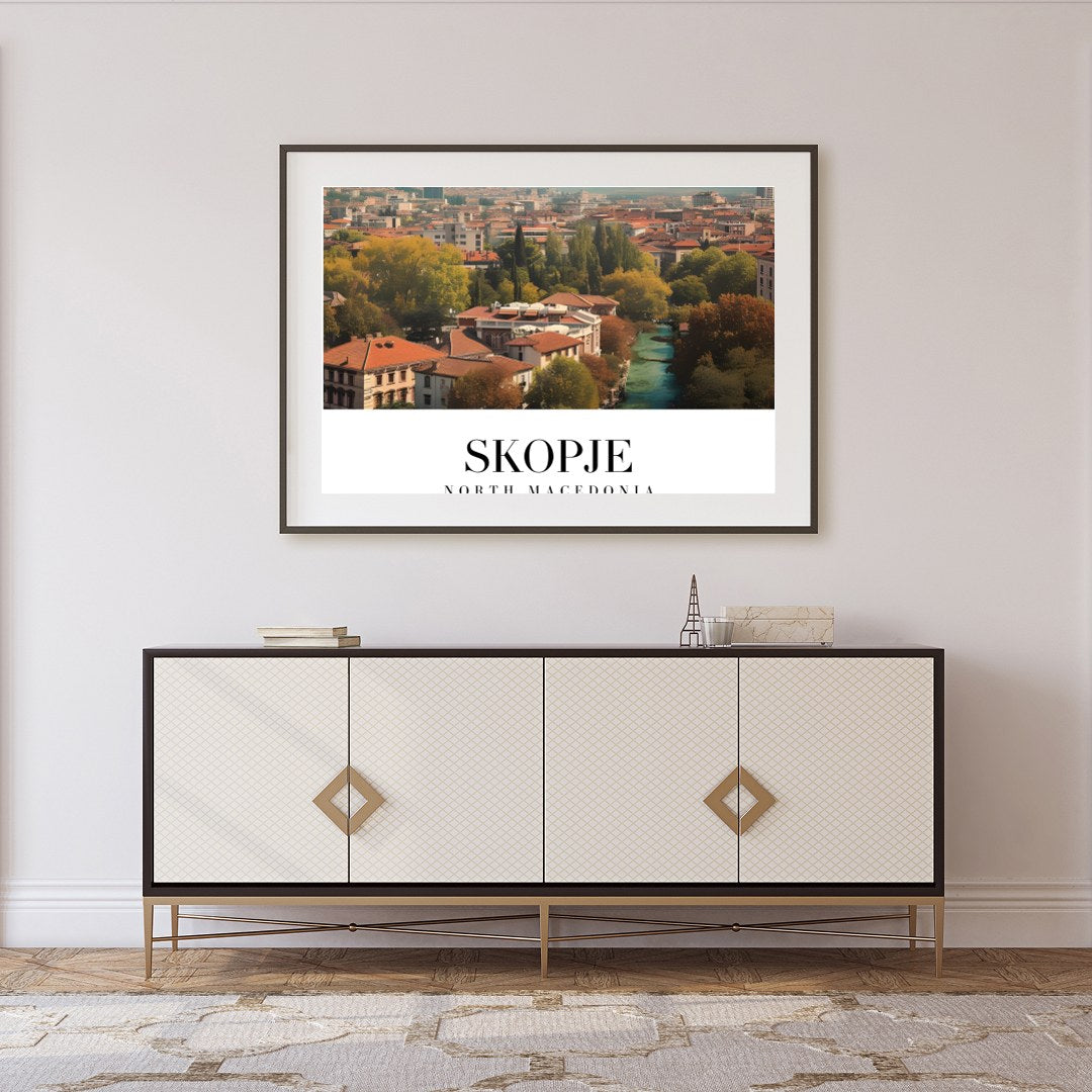 Capture the vibrant essence of Skopje with this stunning artwork depicting the city's architectural for Foyer