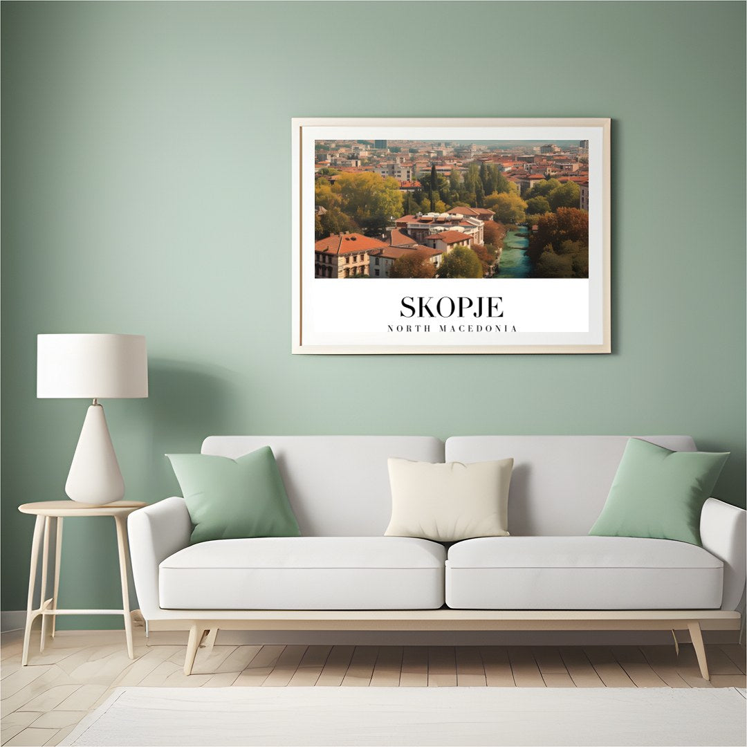 Capture the vibrant essence of Skopje with this stunning artwork depicting the city's architectural for Hall